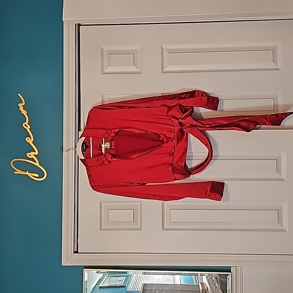 Express Satin Faux Tie Waist Crop Button Down